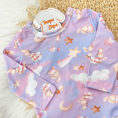 Conj. Body Manga Longa e Calça em Malha Térmica com Proteção UV50+- Coelhinha com Estrelinhas 